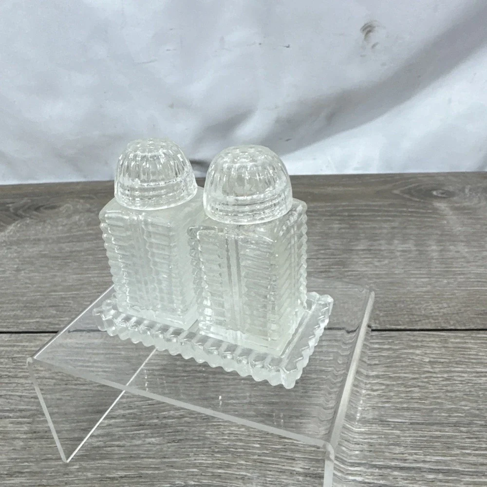 Square Ribbed Glass Salt Pepper Shakers on Tray glass lids Japan 1950s